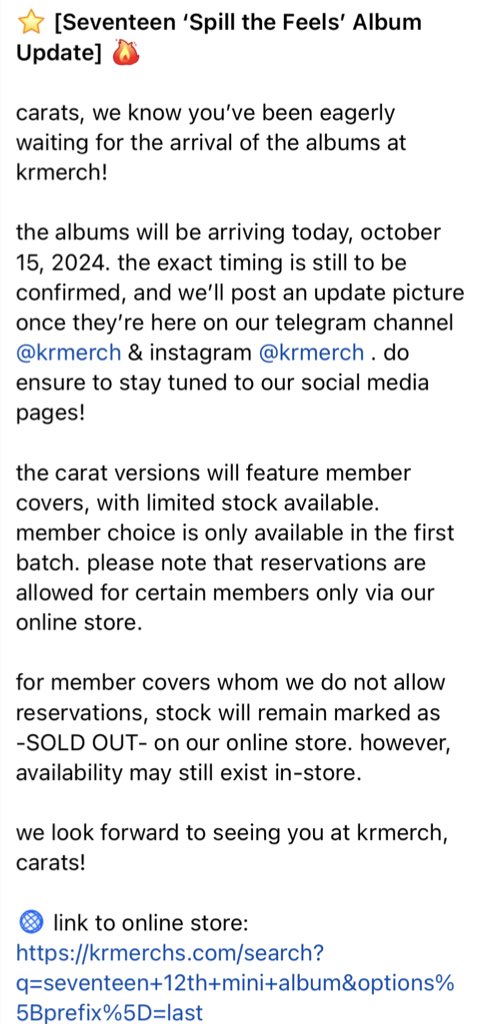 seventeen spill the feels update 🌟

arrival instore: 15/10/24

see you!

📍address:
601 macpherson road
grantral mall @ macpherson #01-15
singapore 368242

🚇 1min walk from taiseng mrt exit B

✨ online store:
krmerchs.com/search?q=seven…
