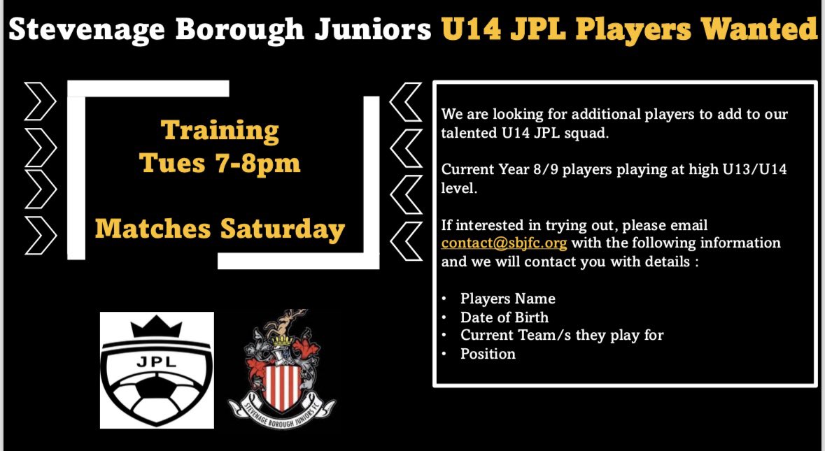 Would you like to join one of the largest grassroots clubs in Stevenage? Our U14 team would love to hear from you. Get in touch and come and join us! #WeAreStevenageBoroJuniors <a href="/midhertsrml/">MHL</a> <a href="/RoystonCrowYFL/">Royston Crow Youth Football League</a> <a href="/HertfordshireFA/">Hertfordshire FA</a>