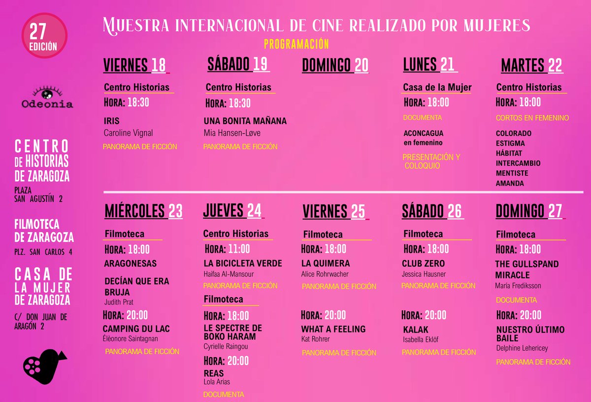 ZgzCineMujer's tweet photo. ¡Hola! Os presentamos la programación que hemos confeccionado con mucho cariño para esta edición. 

19 títulos, entre cortometrajes, largometrajes y documentales, en su inmensa mayoría estrenos en nuestra ciudad. https://t.co/8uUaOAZMup