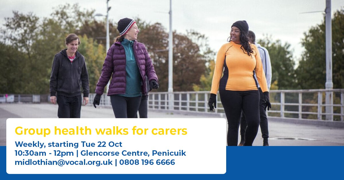 With Glencorse Centre, Penicuik, we're starting weekly health walks for carers. The first is Tue 22 Oct, 10:30am-12pm, from and back to the Glencorse Centre. It's a 30-45 minute walk suitable for most ability levels, followed by tea and cake. Contact VOCAL Midlothian to register!