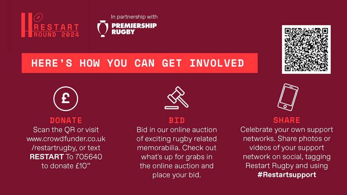 How Can You Help &amp; Get Involved this #RestartRound?

Please donate to us at crowdfunder.co.uk/restartrugby or text RESTART to 70560 to donate £10

Bid on some amazing rugby memorabilia: superstars-auctions.com/restartround

Celebrate and Share Your Support Network using #RestartSupport