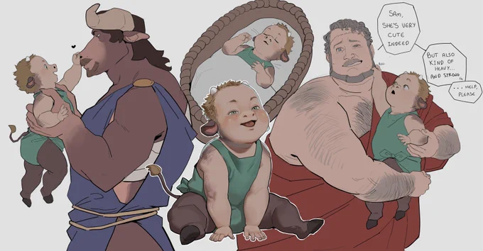 For some time now I wanted to make a Deadsam AU like the satyr!Deadman one, but where Sam is the big creature. So yeah, have a minotaur!Sam lolLou is Sam's biological daughter on this one, so she is a minotaur too. 