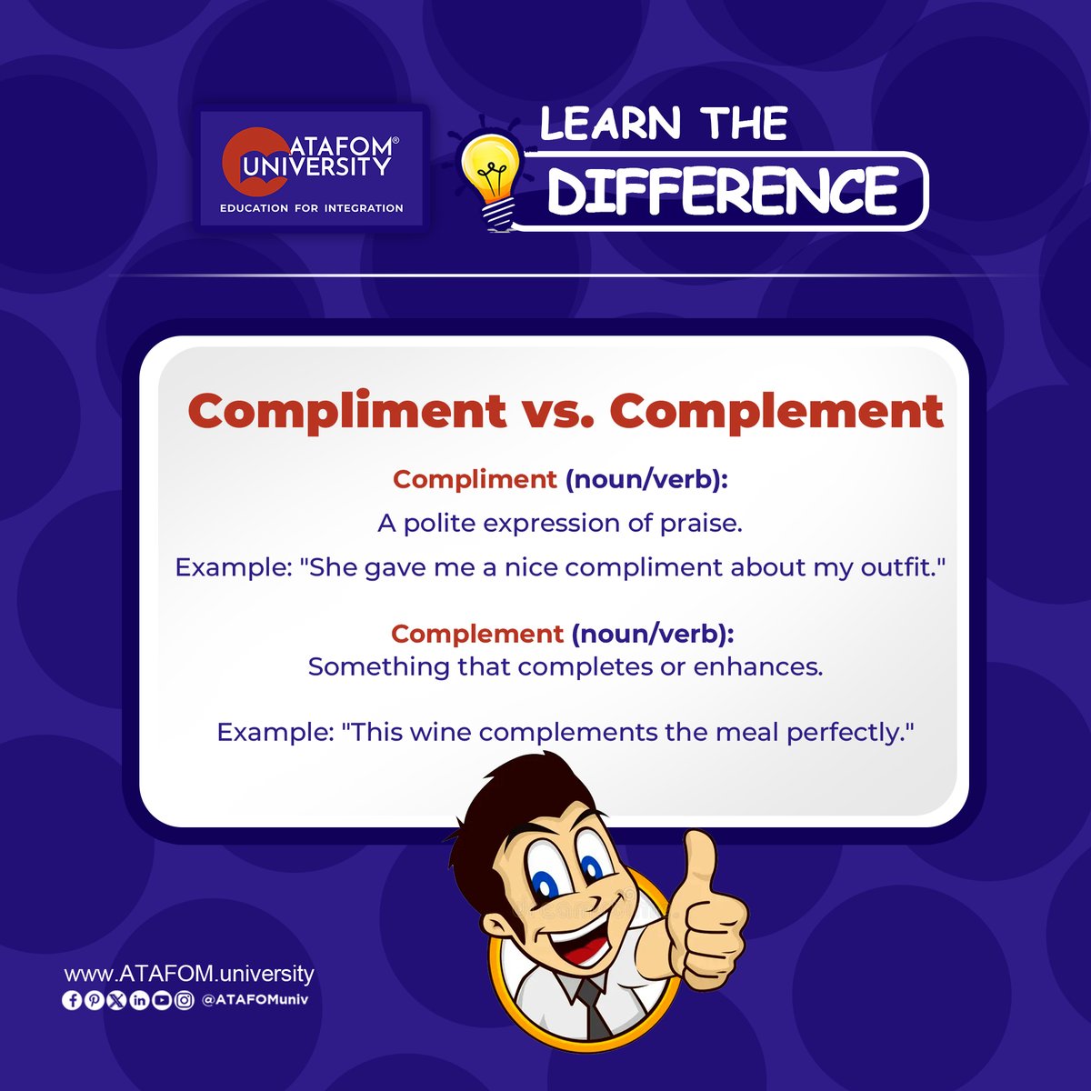 ATAFOMUni's tweet image. Learn the difference with ATAFOM University! Master commonly confused words and sharpen your language skills for clearer communication.

#ATAFOMUniversity #LearnTheDifference #LanguageSkills #ImproveYourEnglish #EducationForAll #HigherEducation #StudentLife #EnglishLanguage