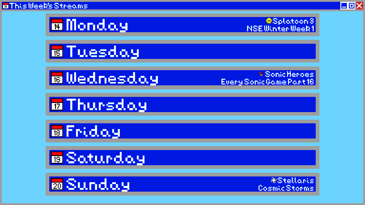 i may have forgot to post schedule. live in an hour