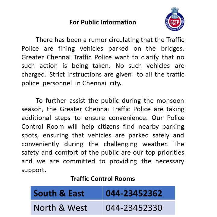 Greater Chennai Traffic Police (@chennaitraffic) on Twitter photo For public information....
#Chennairainupdate For public information....
#Chennairainupdate