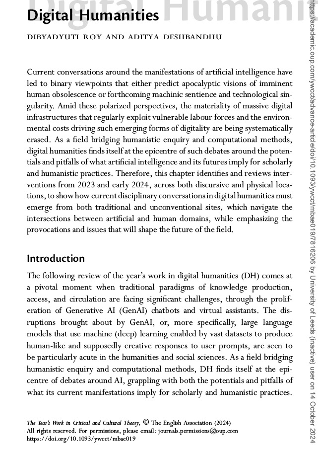 Dibyadyuti Roy (@dibsroy86@mastodon.online) (@dibsroy86) on Twitter photo Delighted to contribute this essay with <a href="/AdityaDeshbandu/">Aditya Deshbandhu</a> to <a href="/OUPAcademic/">Oxford Academic</a>'s The Year's Work in Critical and Cultural Theory on why and how #digitalhumanities has a massive stake in #CriticalAI studies and resisting technopositivist imaginaries. <a href="/FAHACS/">FAHACS</a> <a href="/LeedsUniAHC/">Arts, Humanities and Cultures, University of Leeds</a> <a href="/datasociety/">Data & Society</a> Delighted to contribute this essay with <a href="/AdityaDeshbandu/">Aditya Deshbandhu</a> to <a href="/OUPAcademic/">Oxford Academic</a>'s The Year's Work in Critical and Cultural Theory on why and how #digitalhumanities has a massive stake in #CriticalAI studies and resisting technopositivist imaginaries. <a href="/FAHACS/">FAHACS</a> <a href="/LeedsUniAHC/">Arts, Humanities and Cultures, University of Leeds</a> <a href="/datasociety/">Data & Society</a>