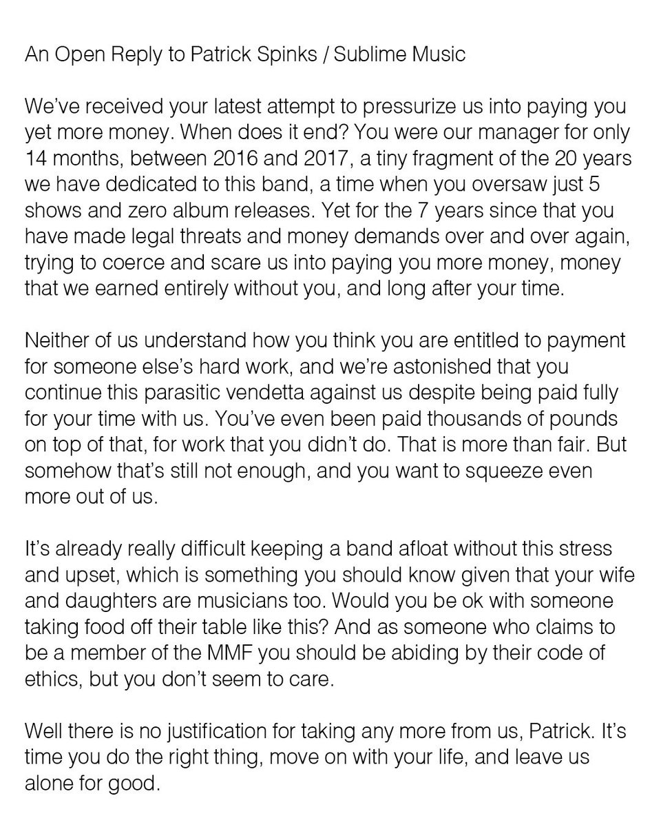 Blood Red Shoes (@bloodredshoes) on Twitter photo We’ve spent 7 years struggling against this guy Patrick Spinks privately but we’re at the end of our rope so we’re speaking publicly now
<a href="/SublimeMusic1/">Sublime Music</a> We’ve spent 7 years struggling against this guy Patrick Spinks privately but we’re at the end of our rope so we’re speaking publicly now
<a href="/SublimeMusic1/">Sublime Music</a>