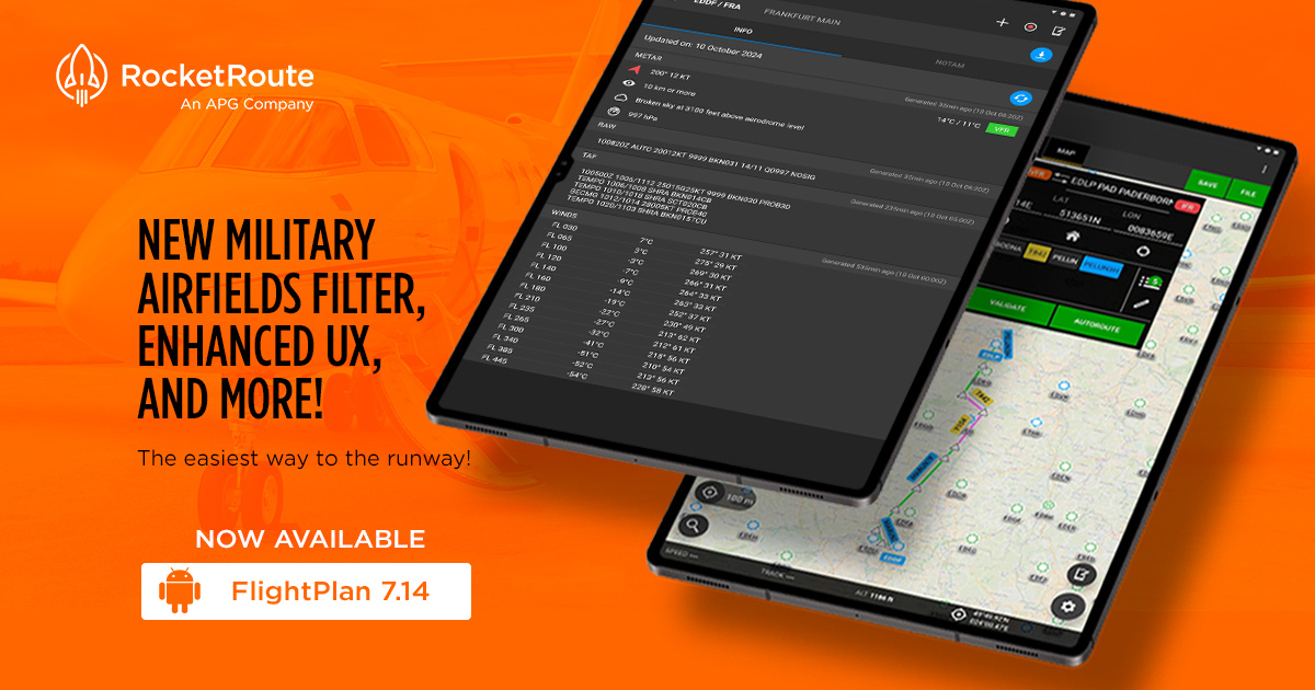 RocketRoute FlightPlan 7.14 [Android] includes a new military airfield filter, updated flight planning from the map screen, and enhanced weather reports in the planning screens.

Get a free trial or update now:
hubs.ly/Q02ThYhk0

#EFB #FlightPlanning #Aviation #Pilots