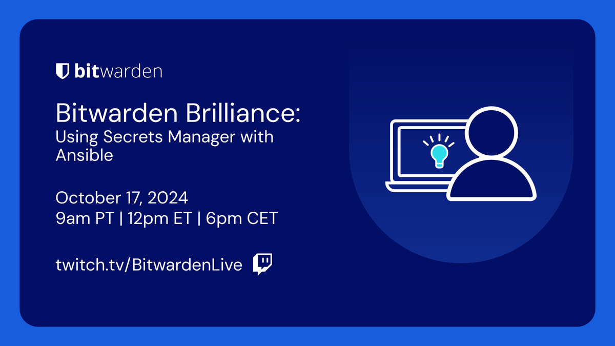 Bitwarden's tweet photo. Save the date! Join the Bitwarden team this Thursday on Twitch for Bitwarden Brilliance, a special training session on how to use Bitwarden Secrets Manager with the Ansible integration. https://t.co/pJ9ommaPB6 #secretsmanager https://t.co/3Oki1QOL34