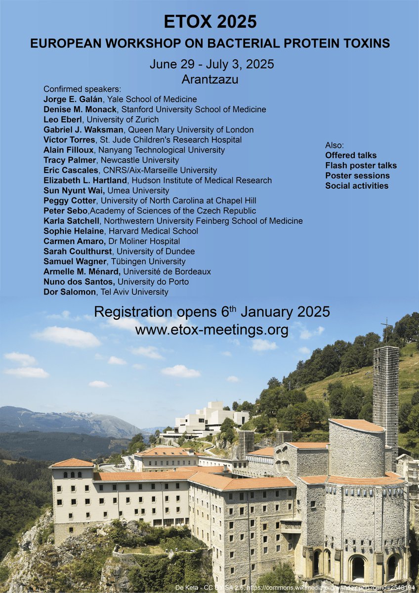 Patricia Bernal (@pbernal209) on Twitter photo We are pleased to announce that ETOX 2025, the 22nd European Workshop on Bacterial Protein Toxins, will be held in Spain, June 29 - July 3, 2025. Registration opens on January 6. Apply here etox-meetings.org and join us for a great meeting! Please retweet.
<a href="/AlbesaJove/">David Albesa-Jove</a> We are pleased to announce that ETOX 2025, the 22nd European Workshop on Bacterial Protein Toxins, will be held in Spain, June 29 - July 3, 2025. Registration opens on January 6. Apply here etox-meetings.org and join us for a great meeting! Please retweet.
<a href="/AlbesaJove/">David Albesa-Jove</a>