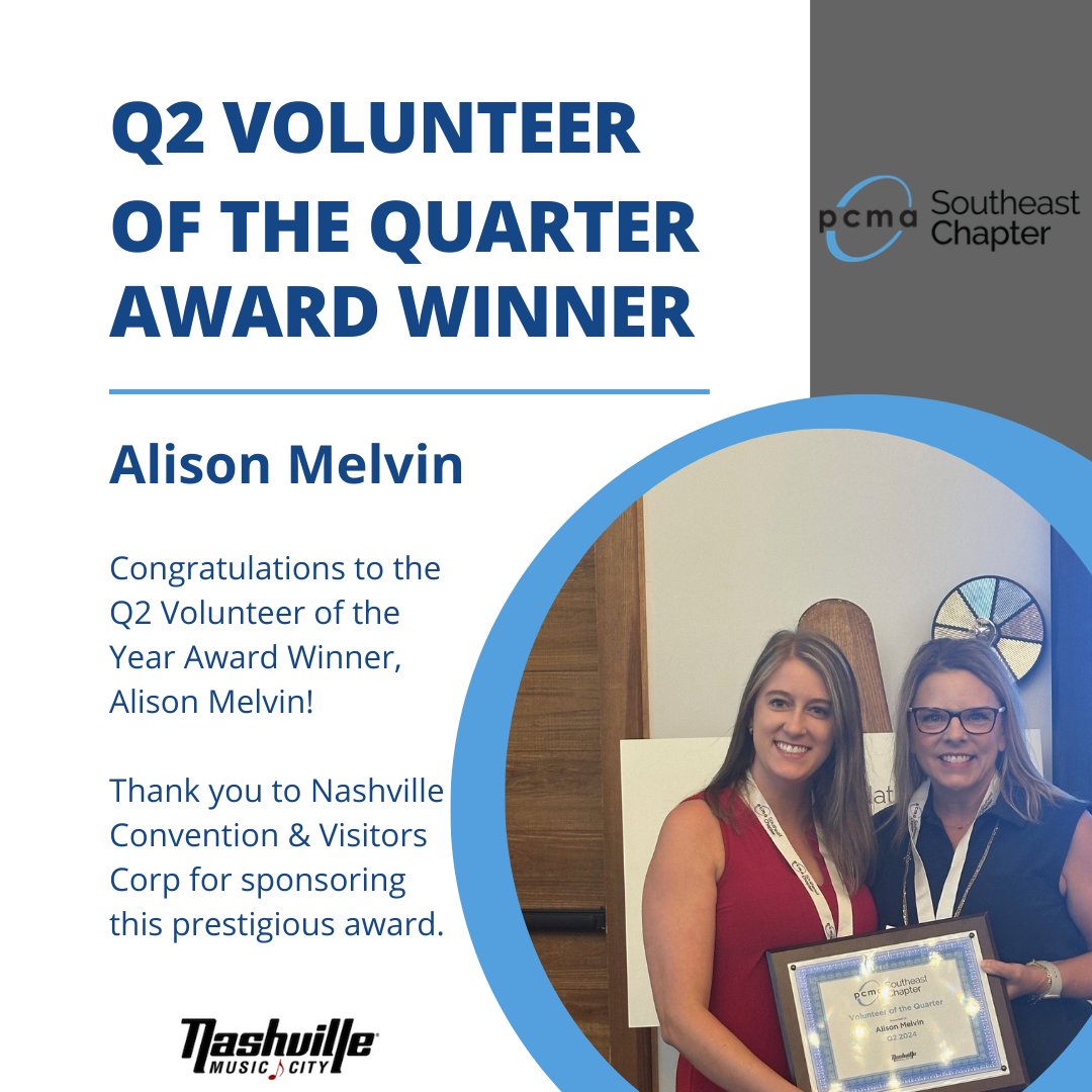 SE_PCMA's tweet image. We are excited to announce that Alison Melvin has been named the PCMA Southeast Chapter Volunteer of Quarter 2! 🌟

Alison’s dedication and hard work continue to elevate PCMA SE—thank you for all that you do! 🙌

#PCMASE #VolunteerOfTheQuarter #Nashville #Gratitude