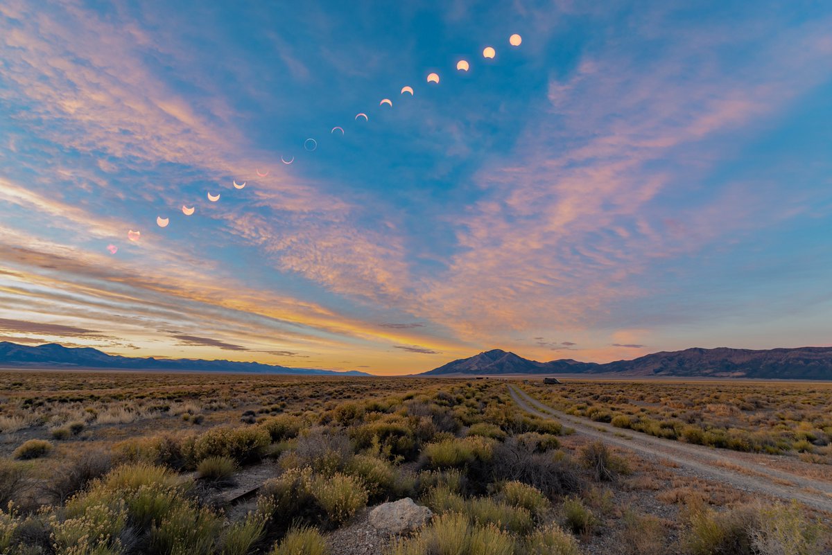 BrownRednecking's tweet image. Exactly a year ago today, I drove out to Cherry Creek, a beautiful area along Nevada&apos;s Great Basin Highway, to observe the Annular Solar Eclipse. Here is a composite with my foreground view at the time of the eclipse. #Nevada #solareclipse #annularsolareclipse #greatbasinhighway