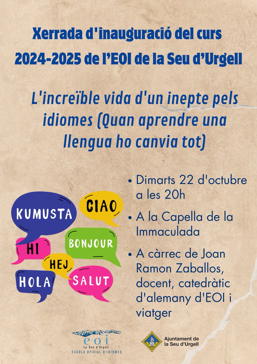 Xerrada inaugural de curs: No us la perdeu!! #eoiseu <a href="/JRZaballos/">Joan Ramon Zaballos</a> <a href="/InsPereBorrell/">Institut Pere Borrell Puigcerdà</a> <a href="/inshugroger/">INS Hug Roger III</a> <a href="/laseu/">Segueix a @ajlaseu</a> #eoi #eoicat #someoi #eoistas