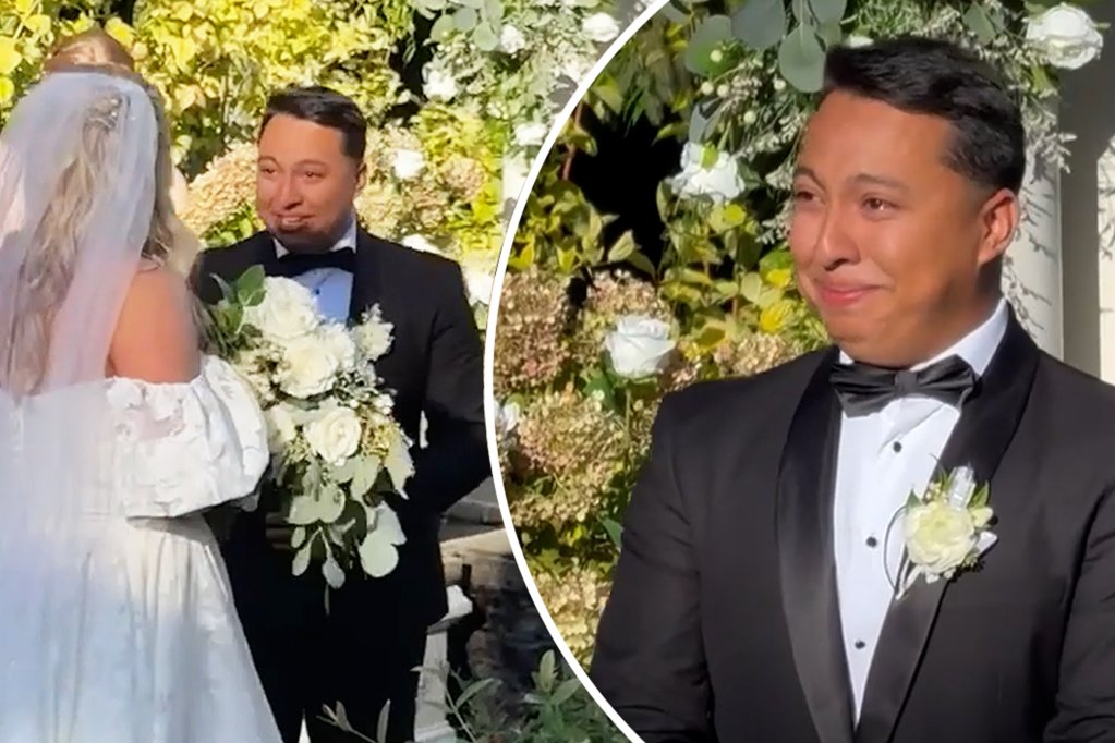 nypost's tweet photo. Teary-eyed groom surprised by ‘Jurassic Park’ wedding song https://t.co/tyEjhvpBe2 https://t.co/CC8ady6AJk