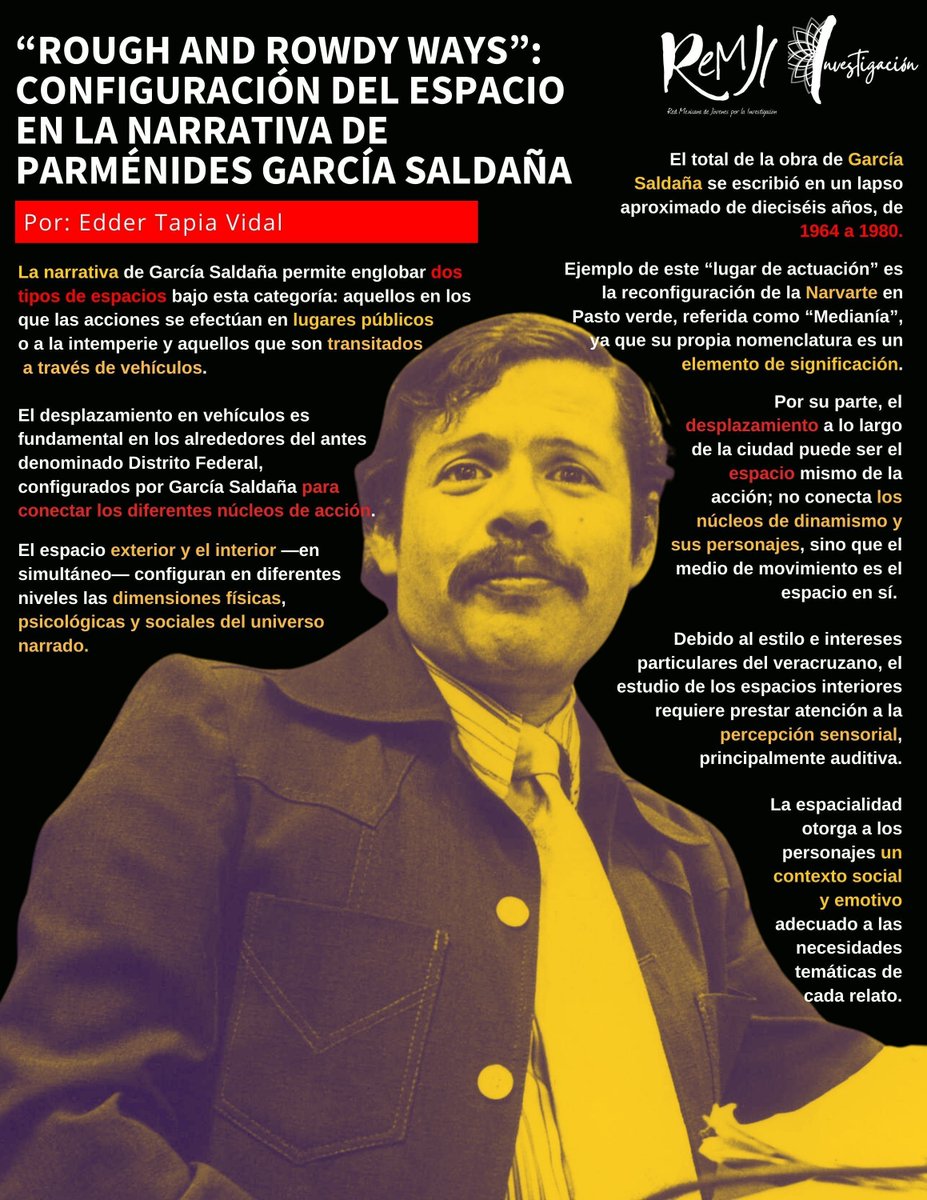 ReMJI_mx's tweet photo. #Infografía del #Artículo Académico escrito por Edder Tapia Vidal. Se analiza las manifestaciones espaciales trazadas en la narrativa de Parménides García Saldaña desde diferentes perspectivas teóricas. https://t.co/5sy5wWrJBT https://t.co/uVueAj32G4