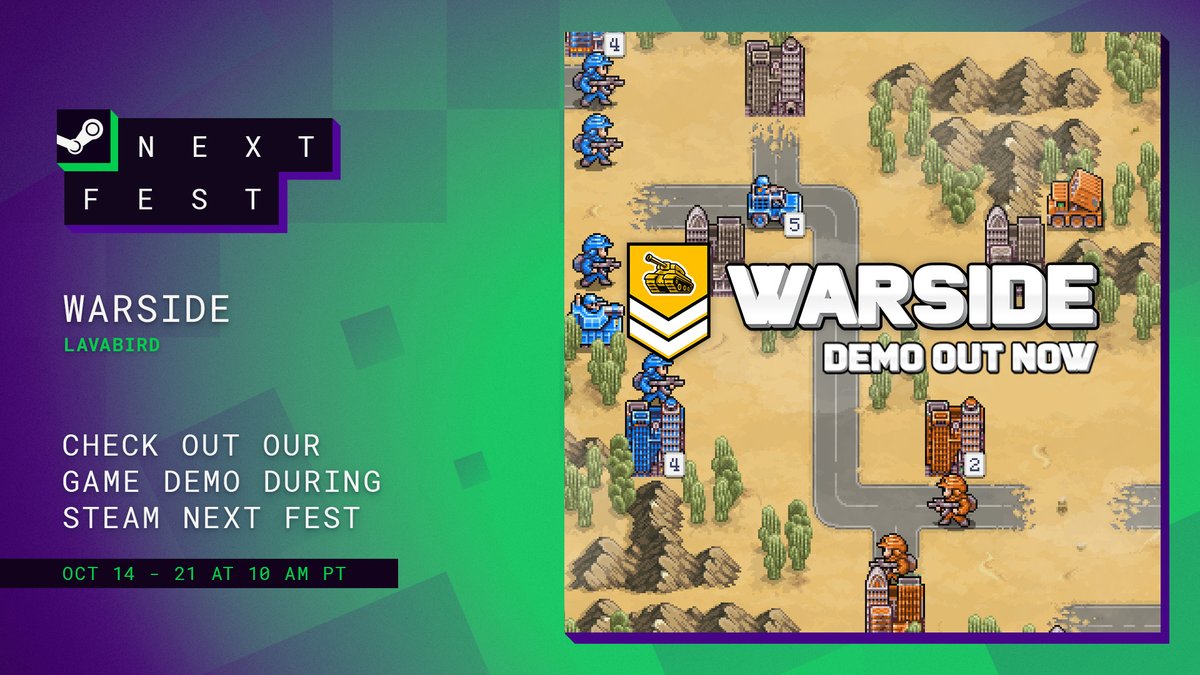 📢Calling all Strategy Content Creators!

Our upcoming Pixel-art, Turn Based Tactics game Warside has a NEW demo featuring multiplayer PvP in #SteamNextFest!

- Classic turn-based gameplay
- Control 25+ unit types
- Faction-unique units
- Built-in mission editor
- Multiplayer