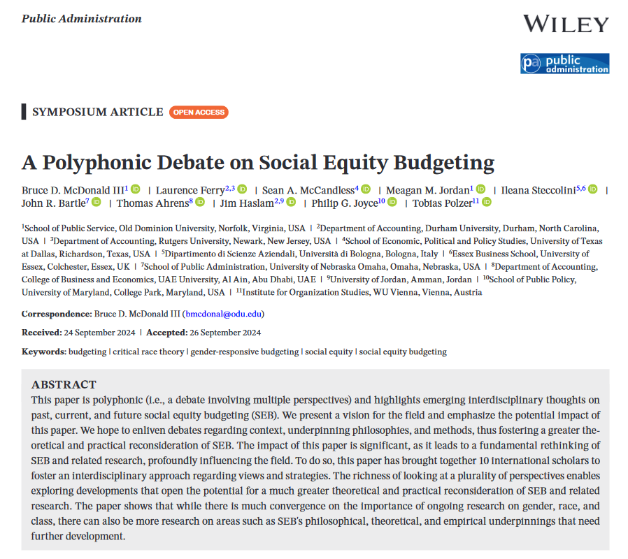 PA Journal (@journal_pa) on Twitter photo "A Polyphonic Debate on Social Equity Budgeting" by <a href="/academicpiracy/">Bruce D. McDonald</a>, Laurence Ferry, Sean McCandless, Meagan Jordan, Ileana Steccolini, @johnbartle17, Thomas Ahrens, Jim Haslam, Philip Joyce, & <a href="/tobias_polzer/">Tobias Polzer</a> contains a debate on social equity budgeting. doi.org/10.1111/padm.1… "A Polyphonic Debate on Social Equity Budgeting" by <a href="/academicpiracy/">Bruce D. McDonald</a>, Laurence Ferry, Sean McCandless, Meagan Jordan, Ileana Steccolini, @johnbartle17, Thomas Ahrens, Jim Haslam, Philip Joyce, & <a href="/tobias_polzer/">Tobias Polzer</a> contains a debate on social equity budgeting. doi.org/10.1111/padm.1…