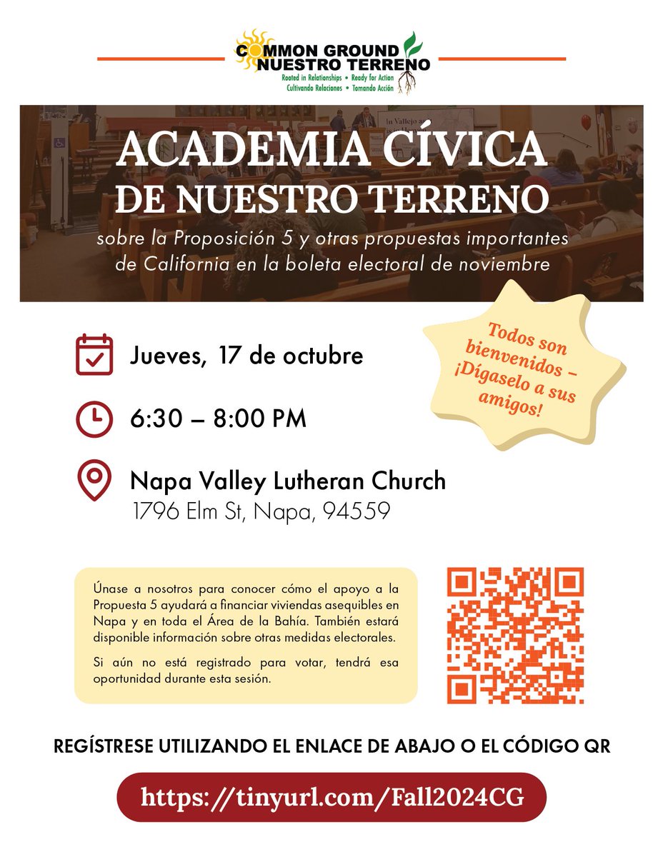 bayareaiaf's tweet photo. Join us this Thursday, October 17 at 6:30pm for our Common Ground Fall Civic Academy in Napa! Join us to learn more about housing in Solano and Napa counties and important issues on the November ballot, including Prop 5. Register at https://t.co/7vawDbSOy3.
@YesOnCAProp5 https://t.co/Zecw5Qv4Qx