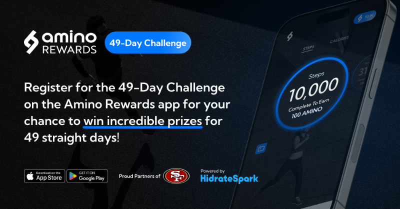 49ers's tweet photo. The 49-Day Challenge with @aminorewards, powered by @HidrateSpark is here!

Pre-register today to win incredible prizes for 49 straight days, plus a grand prize of 2 club level game day tickets, field passes, unique fan experiences and more. 

Get started 👇