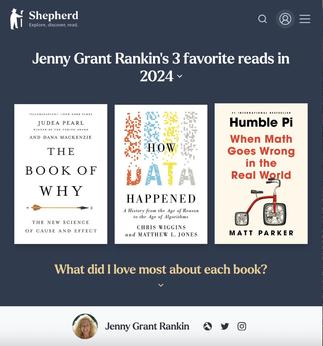 JennyGRankin's tweet image. My 3 favorite reads of 2024 = live on Shepherd!
shepherd.com/bboy/2024/f/je…
If you&apos;re a reader or an author, you will LOVE Shepherd - check it out!
#datascience #booksbooksbooks #databooks #history