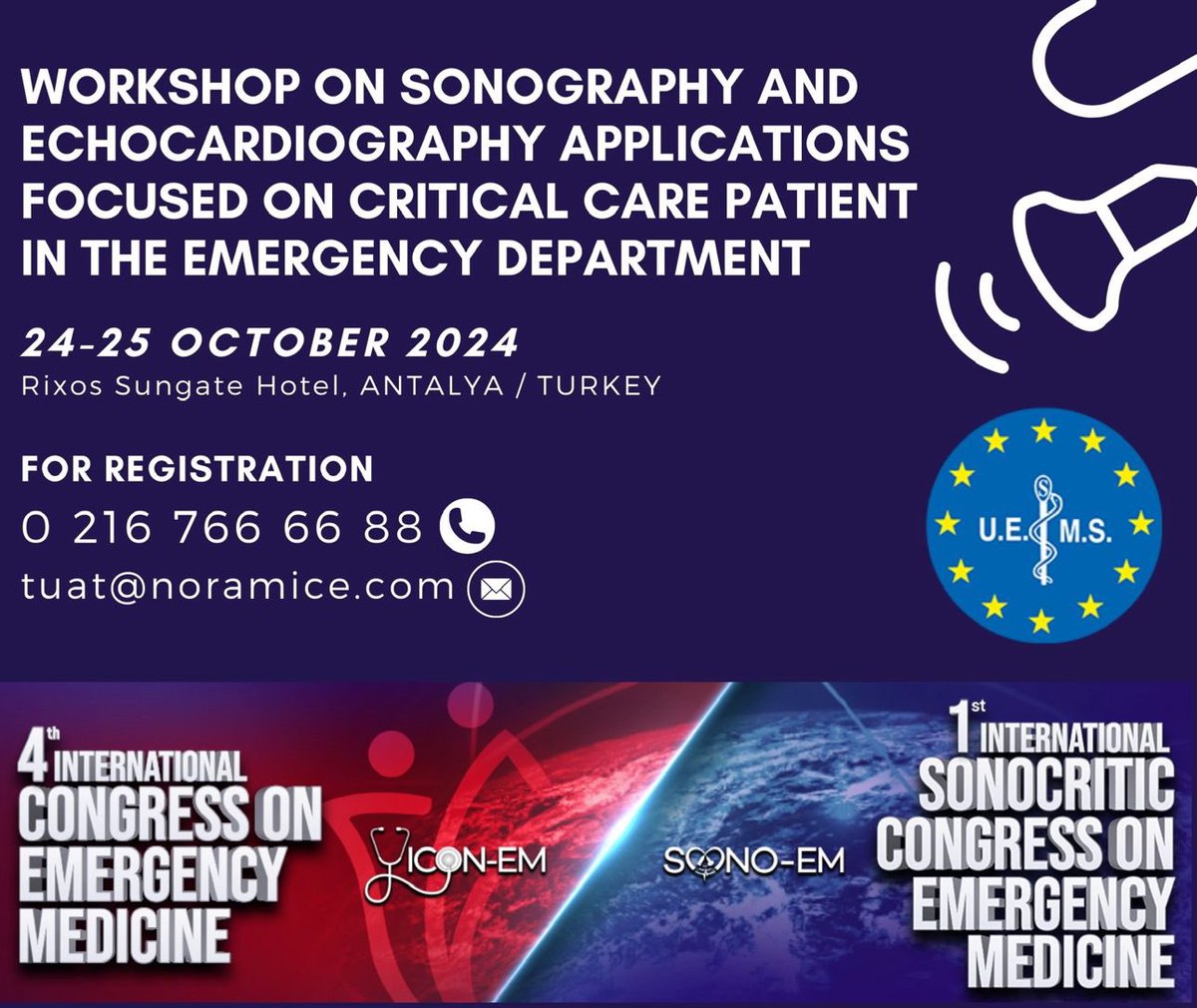 Rixos Sungate Hotel Antalya’da yapılacak olan 4. Uluslararası Acil Tıp Kongresi (ICON-EM) bünyesinde 24-25 Ekim tarihlerinde gerçekleştireceğimiz Uluslararası akredite Temel Usg Kursumuzda sizleri de aramıza bekliyoruz.
Kayıt yaptırmak için;
☎️ 02167666688
📧 tuat@noramice.com