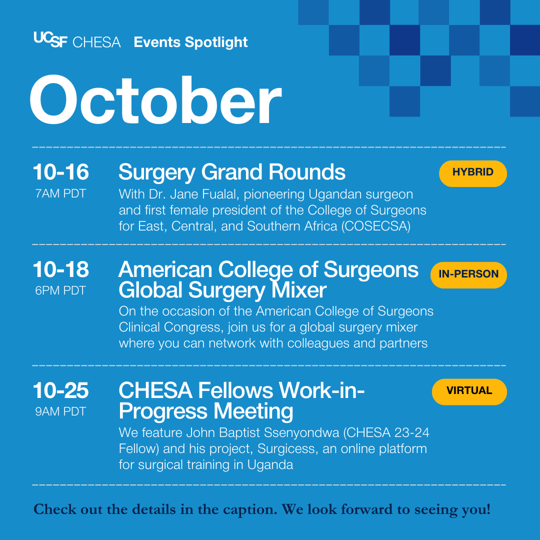 UCSF_CHESA's tweet photo. ๐ Exciting October Ahead with #CHESA! ๐
From Grand Rounds to a mixer with global surgery colleagues, thereโs something for everyone! Details here: https://t.co/p5e4pvXfGv! https://t.co/vcjChje5WZ