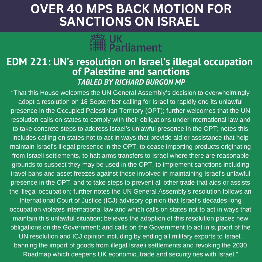 BREAKING: Over 40 MPs from seven parties have backed my motion calling on the Government to impose sanctions on Israel.

Israel is carrying out war crimes.

We need real action from Governments to force it to stop.