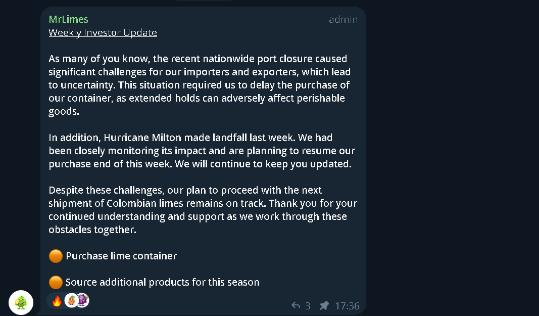Hayess5178's tweet photo. The $PRAI team are still working hard behind the scenes🫡. To date #ProduceAi's Total revenue is $535K. They have shipped 10 Containers and distributed 12 $ETH to token holders / stakers👏.
$PRAI on #Uniswap #ETH has a market cap of 350k. 24m tokens are staked, that's 24% of the total supply staked🤯.
New update from the team: Due to the recent nationwide port closure and Hurricane Milton they had to delay the purchase of their lime container. Despite these challenges, Their plan to proceed with the next shipment of Colombian limes remains on track🔥.
X @PRAIERC
Site: https://t.co/xPytY0HnBN
TG https://t.co/lesfxem6lJ
CA: 0x0e6d98de664a28a32b584c72e606ff7dea898dc6