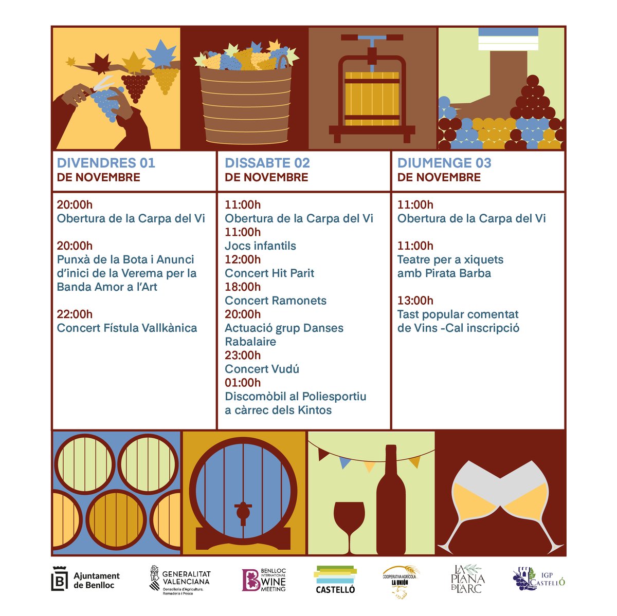 Ja la tenim ací!!
Què millor pla per a començar novembre que divertides activitats per a tota la família i bona musica acompanyada d'una copa de vi???
No pots faltar a la Festa de la Verema el 1, 2 i 3 de novembre!!
🍇🍇🍇🍇🍇🍷🍷🍷🍷🍷