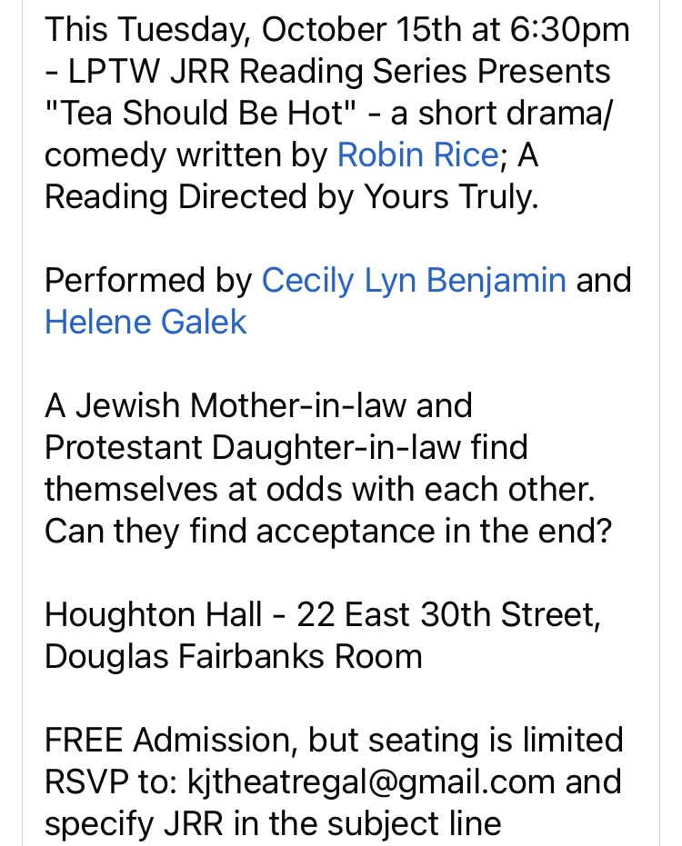 This Tuesday, October 15

JRR reading! iykyk 

—> second slide for details!
.
.
.
#lptw #jrr #reading #lptwoman #lptwmember#womenintheatre