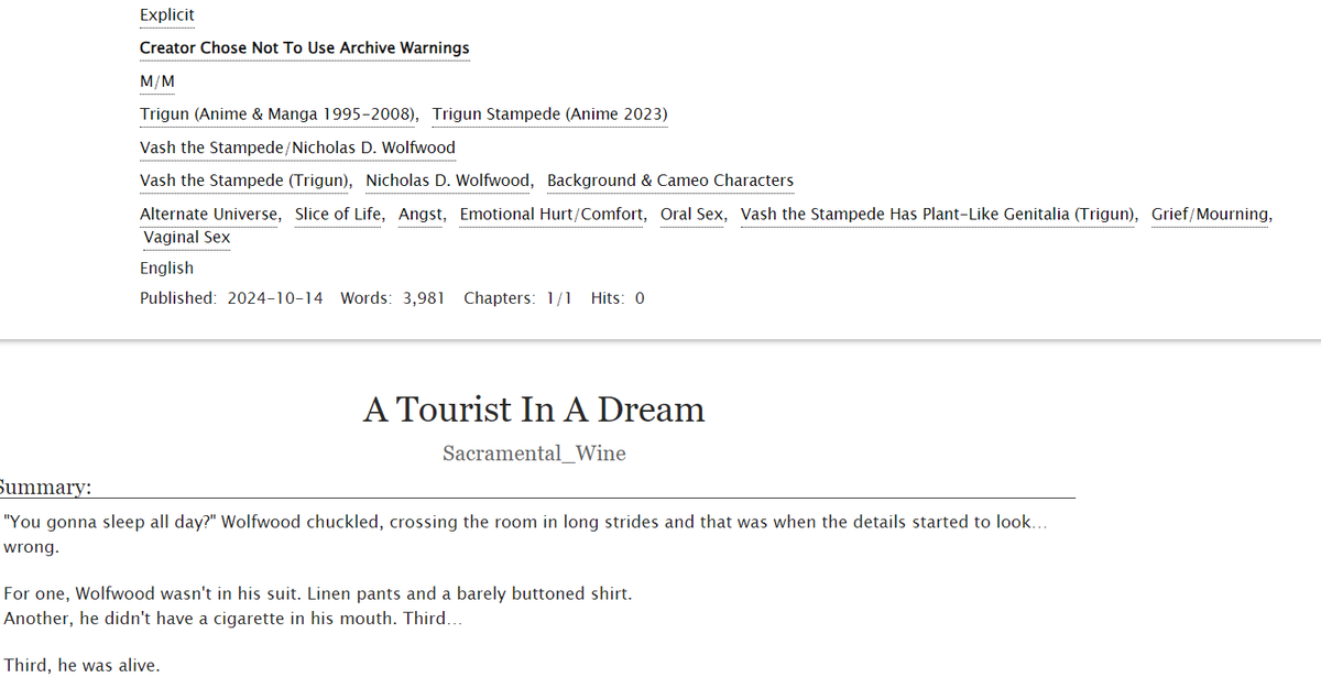 Hey Y'all! I'm working my way back in but It's time to share my <a href="/VWAnthology/">Love Thy Sinner - A Vashwood Anthology</a> pieces! This one, as of now, means a lot to me. So I hope you enjoy. 

💤A Tourist In A Dream💤
archiveofourown.org/works/59750389