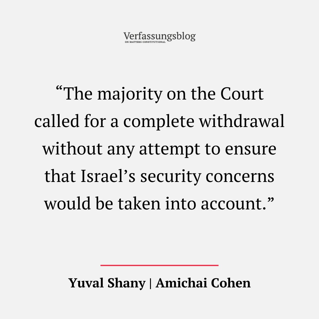 Verfassungsblog (@verfassungsblog) on Twitter photo The ICJ should have taken Israel's security concerns more seriously, YUVAL SHANY (<a href="/yuvalshany1/">yuval shany</a>) and AMICHAI COHEN (<a href="/amichaic/">amichai cohen</a>) argue in another contribution to our blog symposium.
On security considerations and the duty to end belligerent occupations:
verfassungsblog.de/security-consiโฆ The ICJ should have taken Israel's security concerns more seriously, YUVAL SHANY (<a href="/yuvalshany1/">yuval shany</a>) and AMICHAI COHEN (<a href="/amichaic/">amichai cohen</a>) argue in another contribution to our blog symposium.
On security considerations and the duty to end belligerent occupations:
verfassungsblog.de/security-consiโฆ