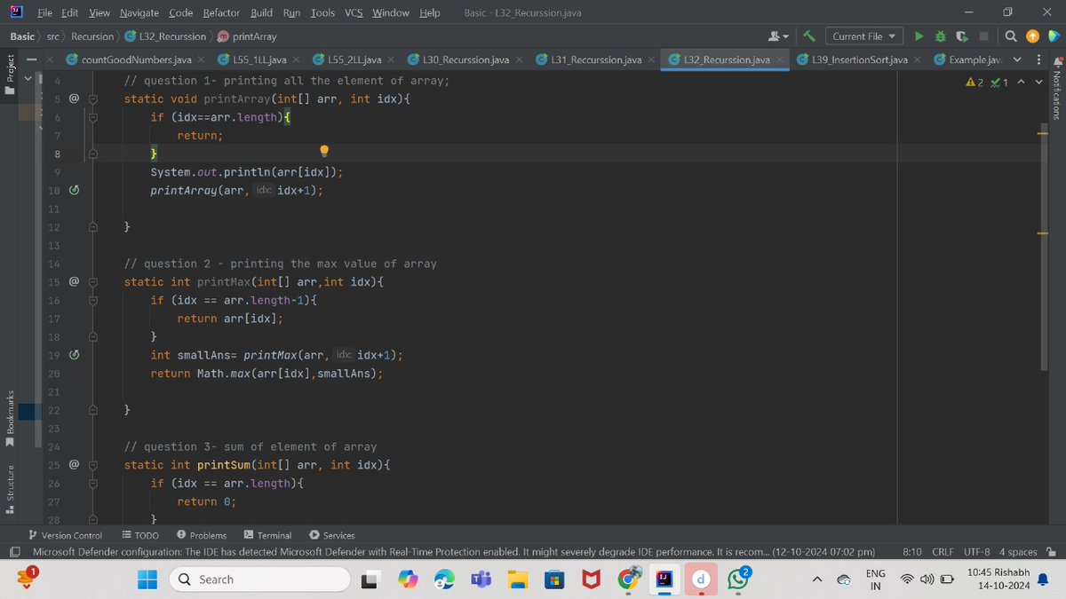 its_rishabh0226's tweet photo. Day 52 of #100DaysOfCode

🔢 Focused on recursion and GCD today!
1️⃣ Implemented two methods to find the GCD (Greatest Common Divisor): recursive and iterative approaches.
2️⃣ Also worked on recursion with arrays: printed elements, found the maximum value, sum of elements. https://t.co/u8uXNAfYYZ