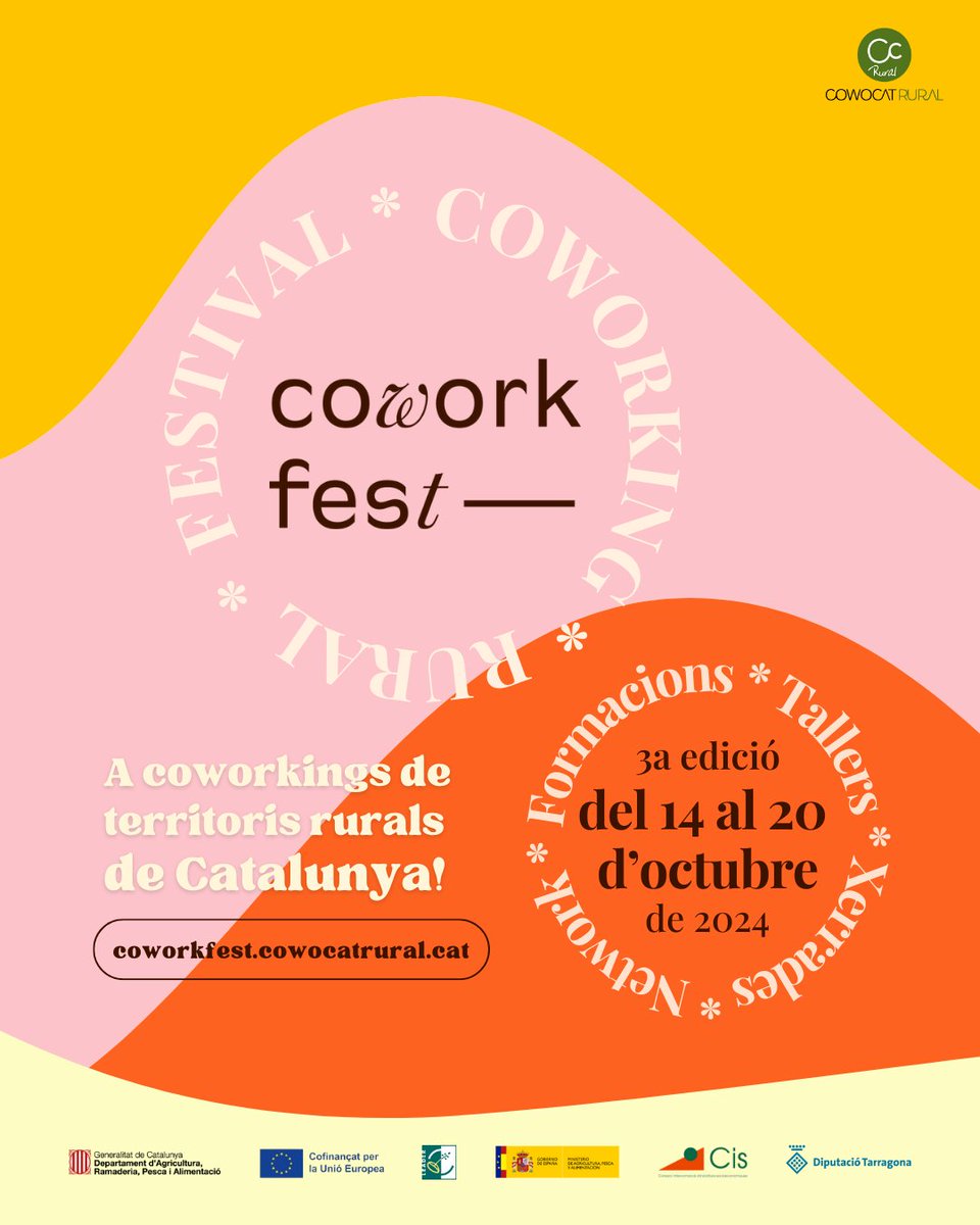 📢 Del 14 al 20 d'octubre arriba la 3a edició del Coworkfest! Un festival amb activitats obertes al públic que es desenvoluparà en 13 espais de coworking rurals a Catalunya. 📍Tallers, xerrades, networking i molt més!
Consulta la programació 👉 coworkfest.cowocatrural.cat