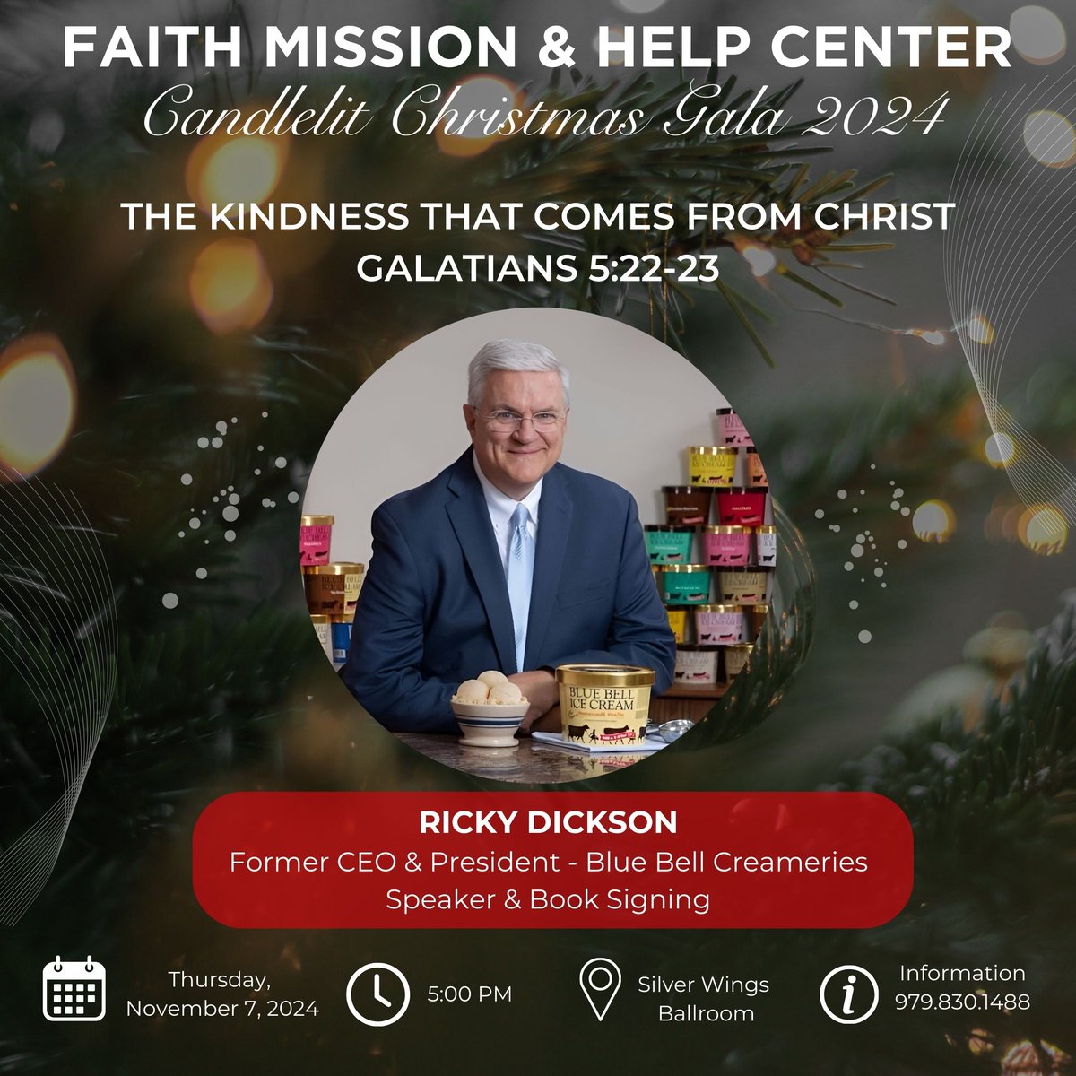Join us for the Faith Mission Candlelit Christmas Gala on November 7th at 5 PM! Hear from Ricky Dickson, former CEO of Blue Bell Creameries, and enjoy an inspiring evening focused on "The Kindness That Comes From Christ." Call 979.830.1488 for more info. 
#faithmissiongala