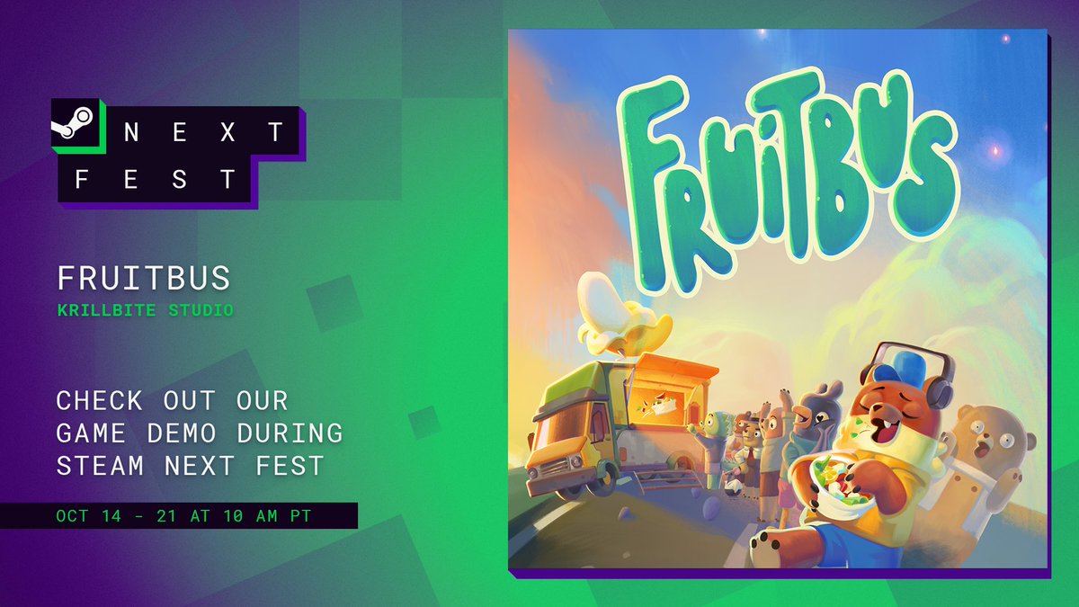 krillbite's tweet image. Fruitbus is joining the Steam Next Fest with a brand new demo!

We've unlocked the whole game for you! Also you can Save now!

We hope you enjoy!
store.steampowered.com/app/2502660/Fr…

But that's not all!  Win a Free copy of Fruitbus at launch! Check the 🧵to find out how!