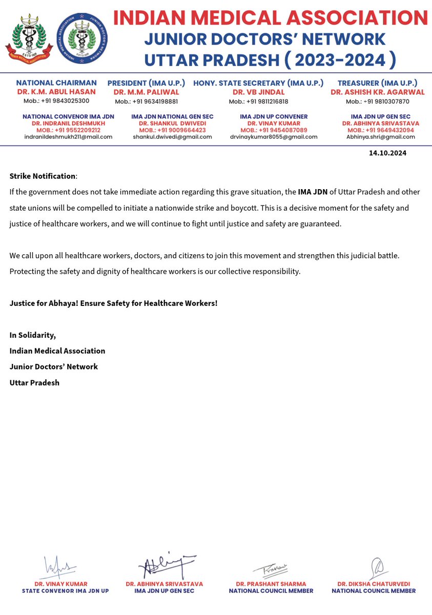 Press Release 
14.10.2024 

Justice for #Abhaya, Safety for Doctors: IMA JDN UP Call for Solidarity with Struggling Doctors in #WestBengal