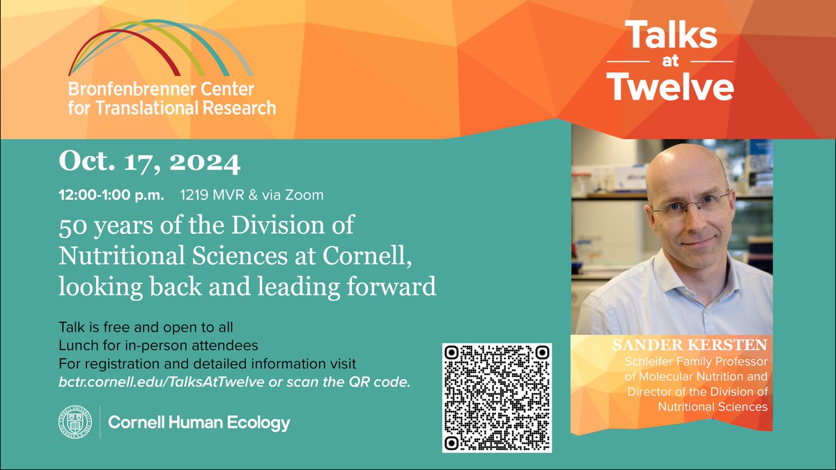 You still have time to register for our first Talks at Twelve of the academic year. Be with us Thursday 10/17 at noon as we celebrate 50 years for the Division of Nutritional Sciences with Division Director Sander Kersten. Join us in person or virtually: bctr.cornell.edu/event/50-years…