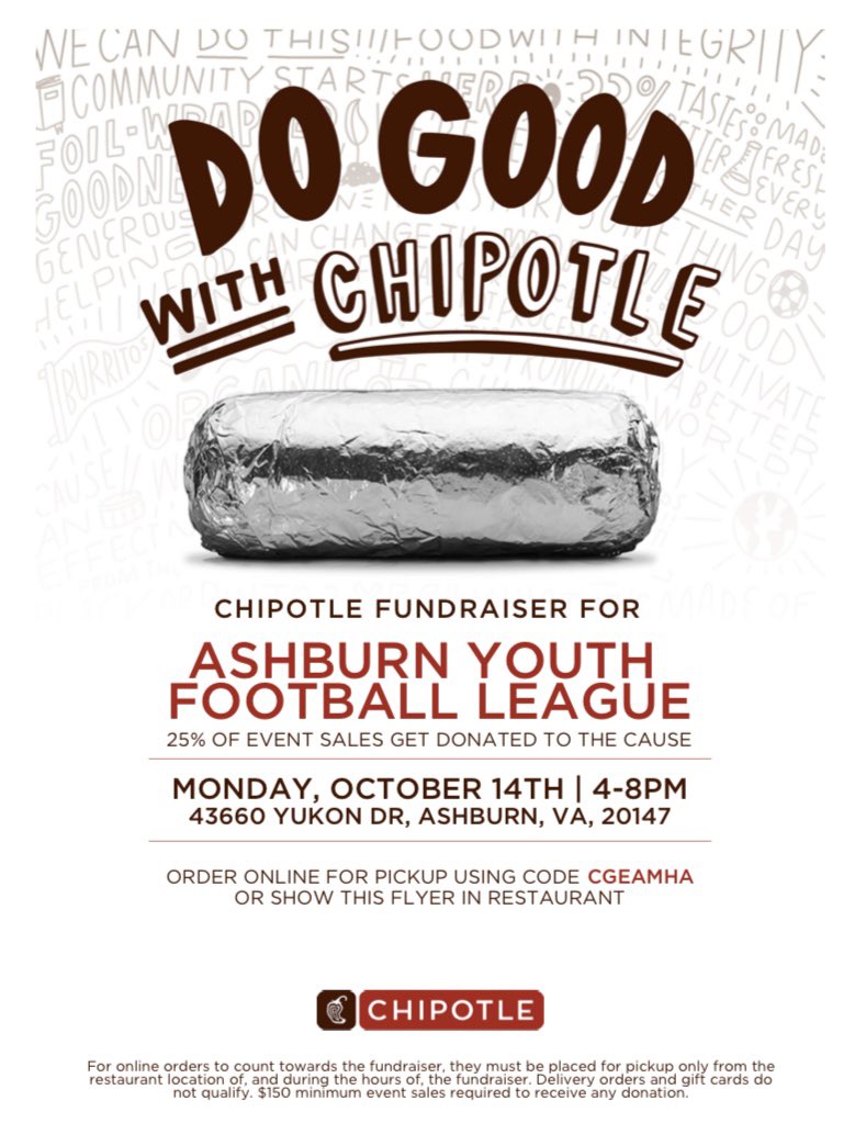 Need dinner plans? Head over to the Chipotle on Yukon Dr from 4-8:00pm for AYFL Night! Use the code below at check out if ordering online!

25% of proceeds will be donated back to the AYFL!