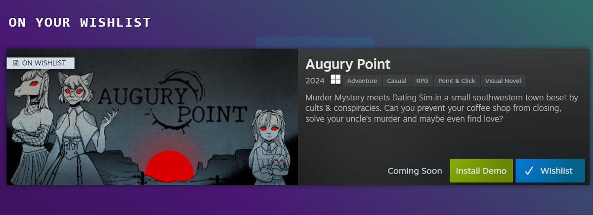Lucas Schuneman (@lucasschuneman) on Twitter photo Check out the Augury Point free demo from <a href="/LunaticMoonLLC/">LunaticMoon</a> available through Steam Next Fest! Murders, eldritch horrors, romance, card games and a dating sim all rolled into one! Also, toss it onto your wishlist like all the other hip goats are doing.
store.steampowered.com/sale/nextfest Check out the Augury Point free demo from <a href="/LunaticMoonLLC/">LunaticMoon</a> available through Steam Next Fest! Murders, eldritch horrors, romance, card games and a dating sim all rolled into one! Also, toss it onto your wishlist like all the other hip goats are doing.
store.steampowered.com/sale/nextfest