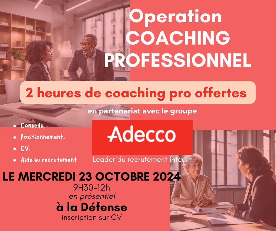 ⭐Evénement⭐

2 heures de #coaching gratuites pour développer votre carrière professionnelle,  dépasser ses propres limites, de faire conseiller par des experts du #recrutement...
Inscription par mail avec CV à : communaute@avenirfemmes.fr
@adeccofrance