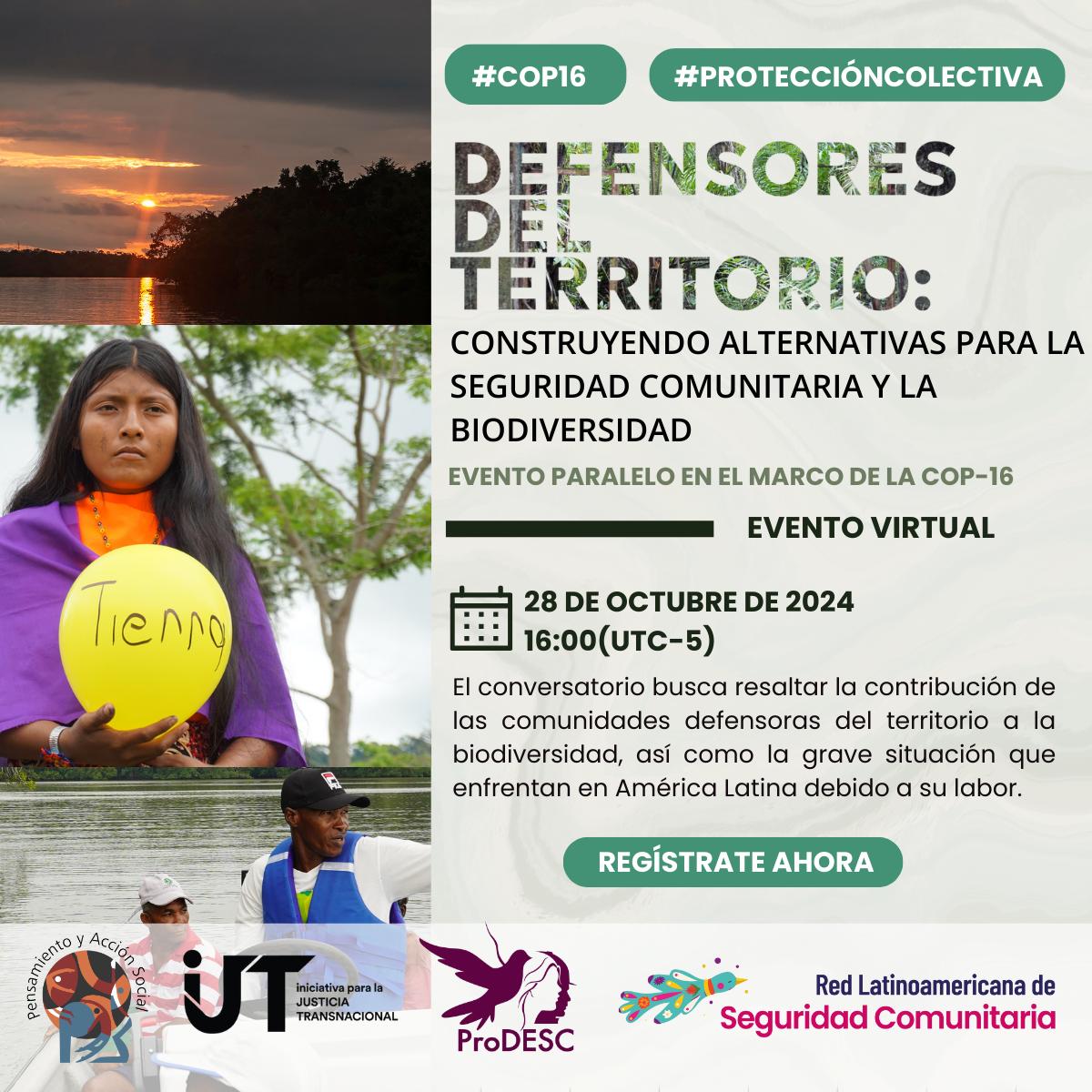 ProDESC's tweet image. 🌎🔊 ¡Únete a nuestro evento paralelo a la #COP16! Exploramos cómo las comunidades indígenas y afrodescendientes protegen la biodiversidad y luchan contra la violencia.
🗓️ 28 de octubre,⏰ 4:00 PM Colombia 🇨🇴
Registro ⏩ us02web.zoom.us/webinar/regist…
#DefensorasDelTerritorio…