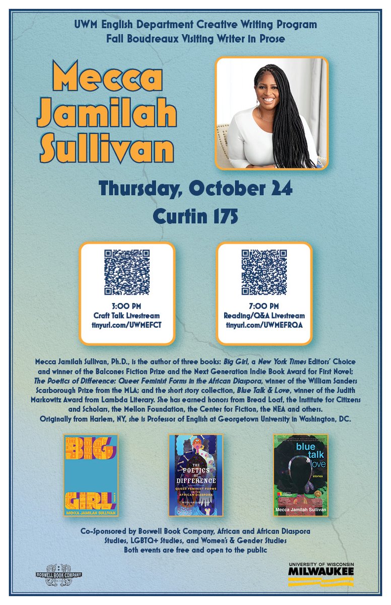 Fall Visiting Writer in Prose: Mecca Jamilah Sullivan
UWM’s creative writing program welcomes Mecca Jamilah Sullivan for a very special visit this fall. She’ll deliver a craft talk at 3 pm and a reading at 7 pm in Curtin 175 (3242 N. Downer Ave.). Free and open to the public.