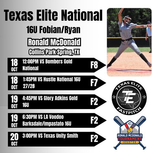 Come check me out at the Ronald McDonald Tournament! Here’s my schedule. <a href="/TXSO_Softball/">TSU Lady Tigers Softball</a> <a href="/TXStateSoftball/">Texas State Softball</a> <a href="/AggieSoftball/">Texas A&M Softball</a> <a href="/SouthernUsports/">Southern University Jaguars</a> <a href="/UHCougarSB/">Houston Softball</a> <a href="/SanJacSoftball/">San Jacinto College Softball</a> <a href="/pvamusoftball/">PVAMU Softball</a> <a href="/BearkatsSB/">Sam Houston Softball</a>