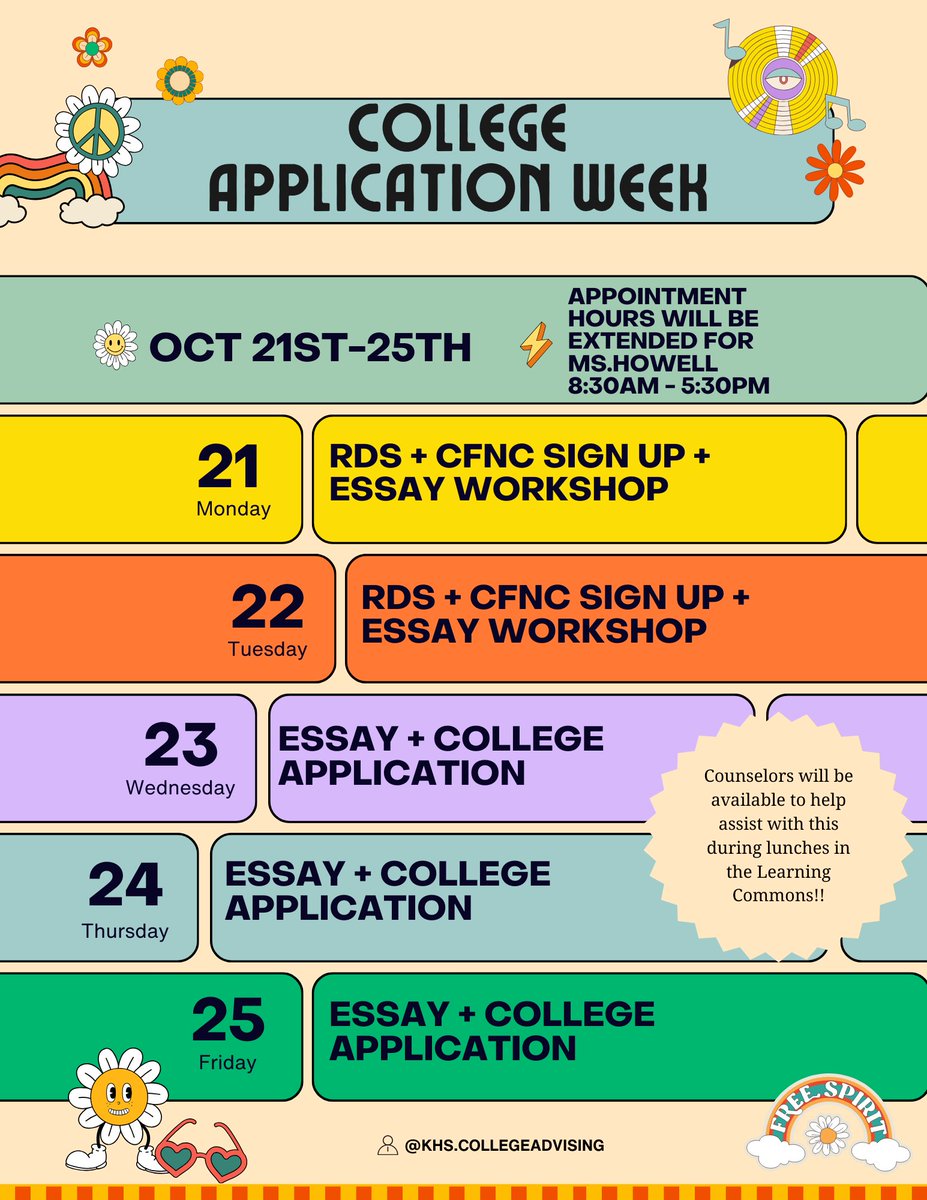 College Application Week is quickly approaching! Take a look at the events counselors &amp; college advisor, Ms. Howell, have planned for seniors. Additionally, underclassmen will want to stop by Counselor's Corner during lunch to participate in a fun college culture activity!