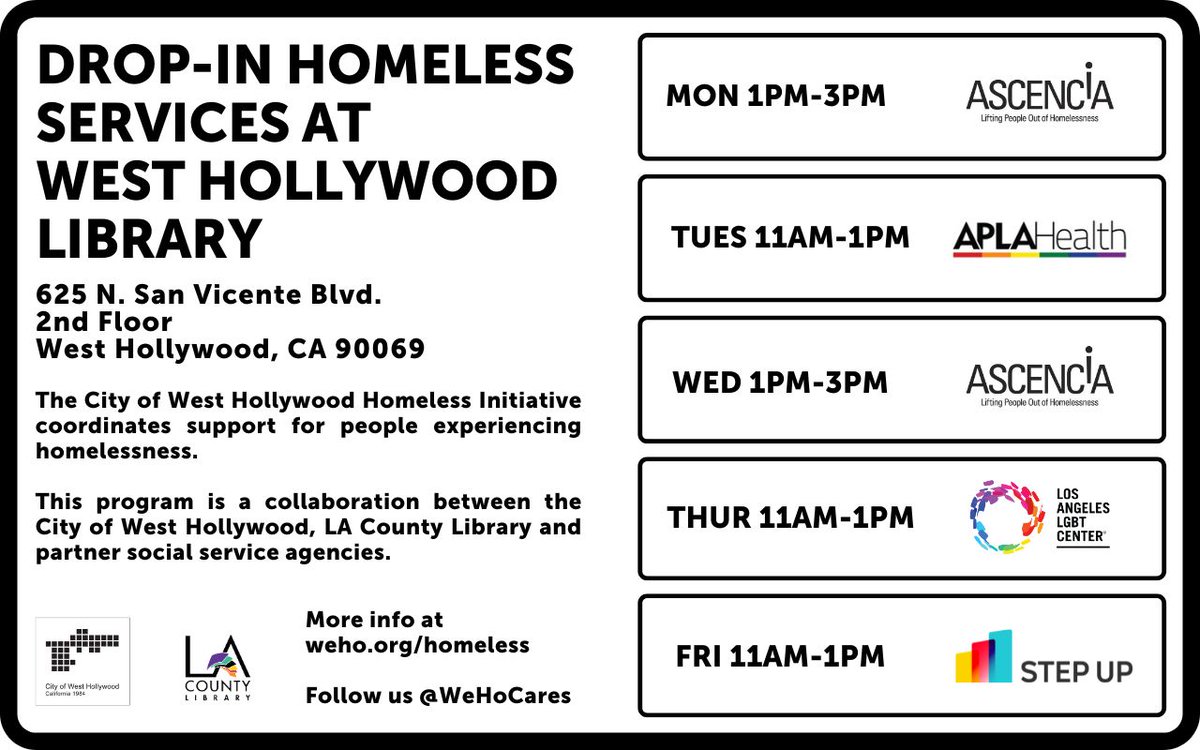 📢 Attention! #WeHo's drop-in homeless services at <a href="/WeHoLibrary/">West Hollywood Library</a> all week, assisting people with accessing services! Calling all advocates! Join us in spreading the word!

🗓 Find out more at go.weho.org/4aiQfo0

<a href="/AscenciaCA/">Ascencia</a> <a href="/LALGBTCenter/">Los Angeles LGBT Center</a> <a href="/APLAHealth/">APLA Health</a> <a href="/stepuponsecond/">Step Up</a>