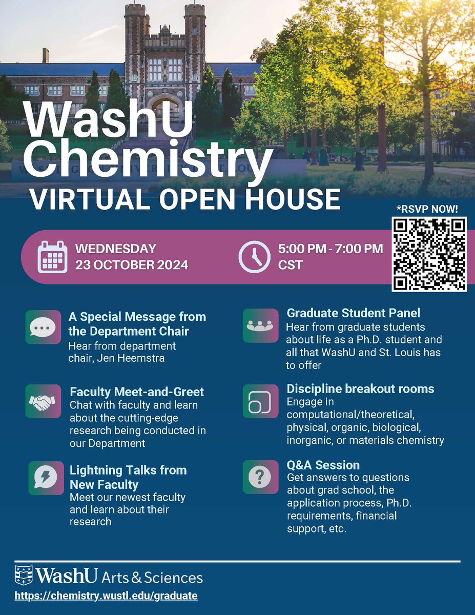 WashUChem's tweet image. Interested in our graduate program? Save the date for our Virtual Open House! Oct 23rd, 5PM-7PM CST. RSVP now using the following link: forms.gle/7ThqbrVxmLz2A6… 

See you there!