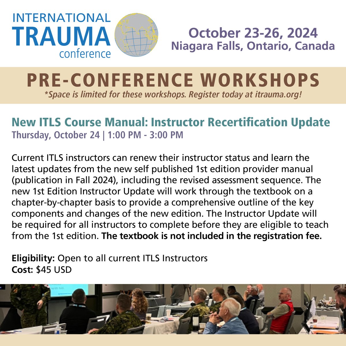 Join us for our upcoming pre-conference workshop: New ITLS Course Manual: Instructor Recertification Update

Spaces are limited, so be sure to register today!

web.cvent.com/event/077371f5…

#itlsconference2024