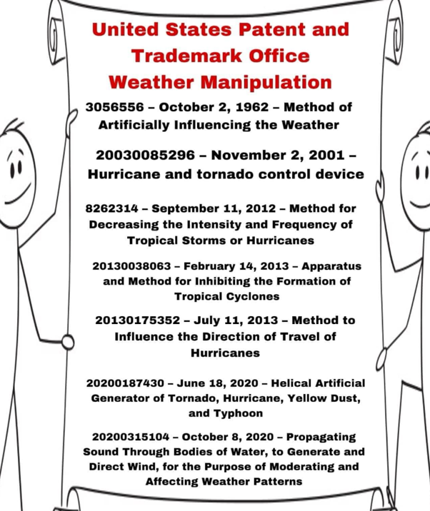 I have now been asked a few times to address the weather patents conspiracy theory that has been making the rounds. This pic is one such example, purporting to show patents that control the weather. Taking a look into this will teach a lot about patent law. A 🧵 1/20