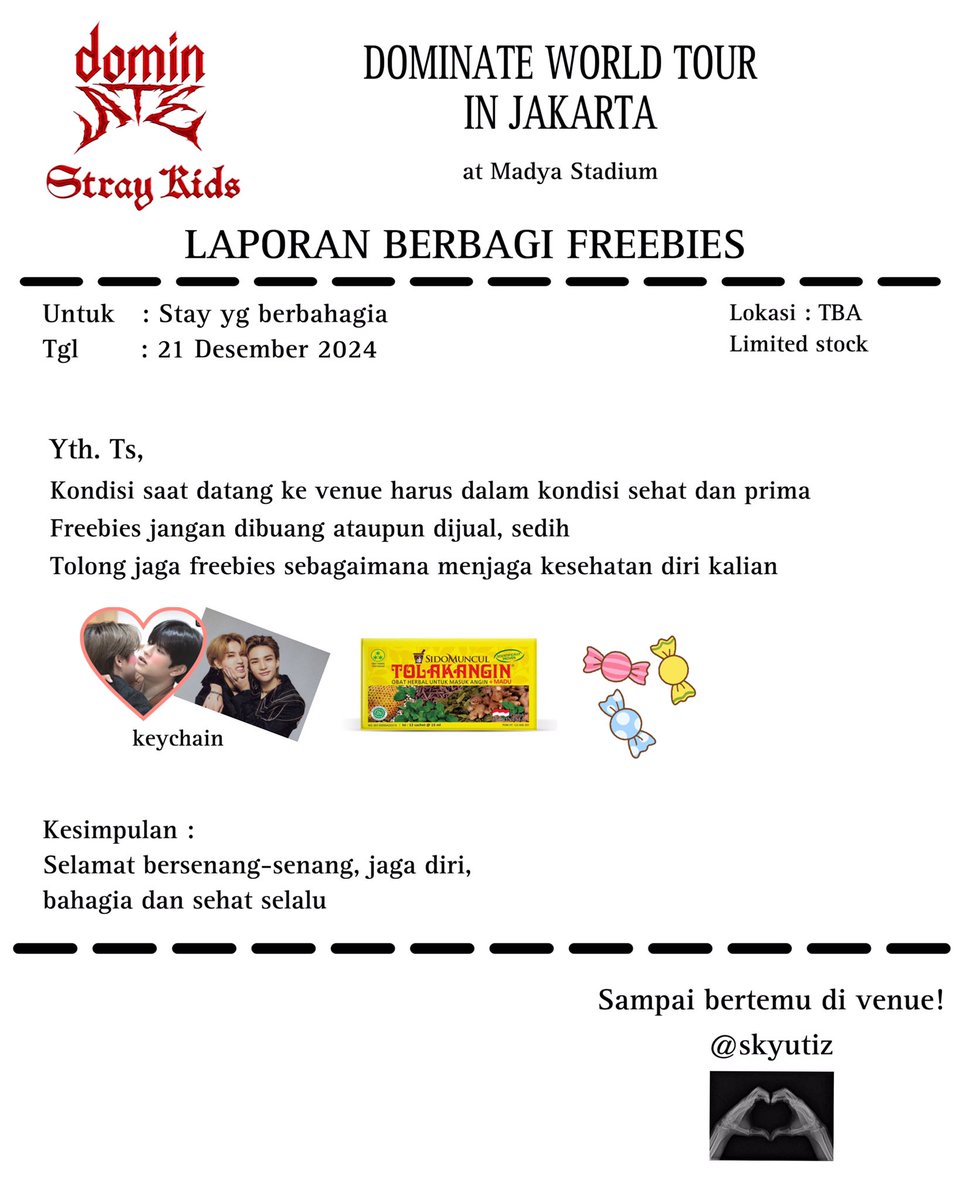 skyutiz's tweet photo. [help rt and like are appreciate]

kyuti berbagi freebies konser dominate straykids di Jakarta tsah~~ 

detail lebih lanjut nanti akan aku update. kurang lebih seperti ini. 

limited stock ya. 

hehe see ya! https://t.co/0EToy6aLRZ
